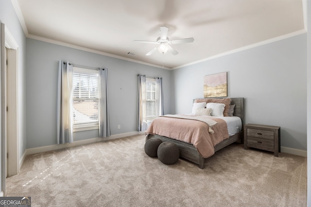 bedroom with baseboards, carpet floors, and ornamental molding