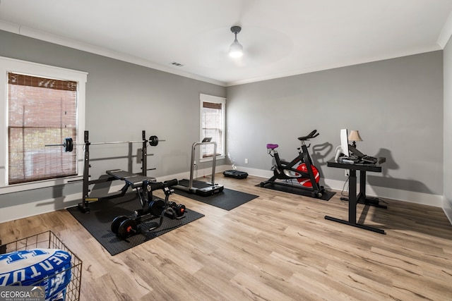 exercise room with wood finished floors, baseboards, and ornamental molding