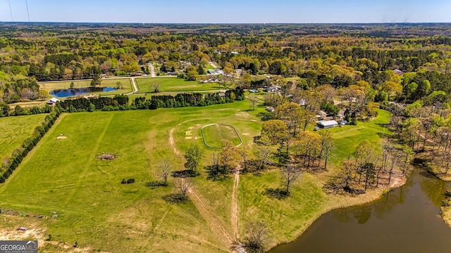 bird's eye view with a view of trees and a water view