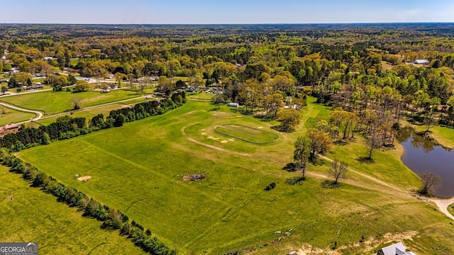 birds eye view of property with a view of trees and a water view