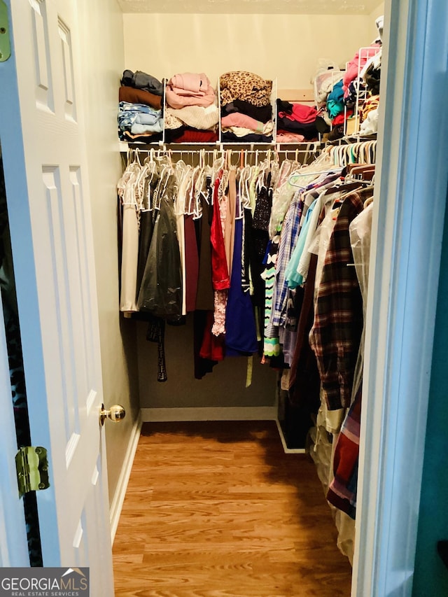 walk in closet with wood finished floors