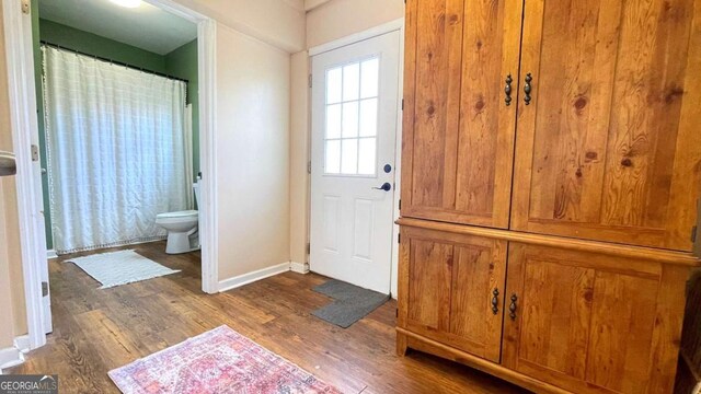 walk in closet featuring a tile fireplace and wood finished floors