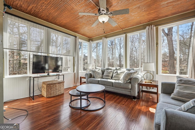 sunroom with wooden ceiling and a ceiling fan