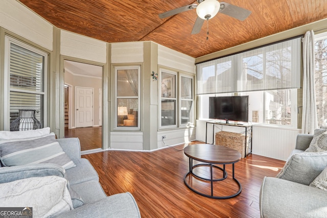 sunroom / solarium featuring wood ceiling and a ceiling fan