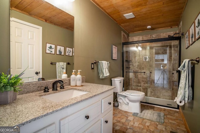 full bathroom with a shower stall, wood ceiling, toilet, stone finish floor, and vanity