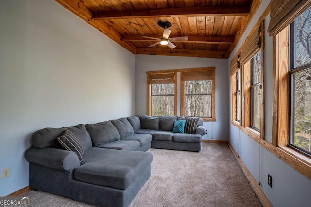 living room featuring baseboards, light carpet, and wooden ceiling