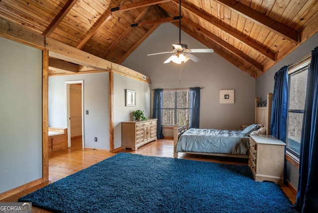 bedroom with beam ceiling, wood ceiling, baseboards, and wood finished floors