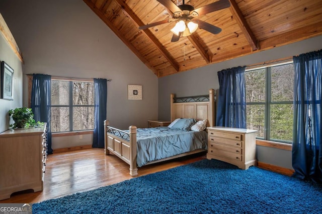 bedroom with baseboards, beam ceiling, wooden ceiling, wood finished floors, and high vaulted ceiling