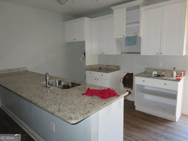 kitchen featuring a sink, light stone counters, dark wood finished floors, white cabinetry, and a peninsula