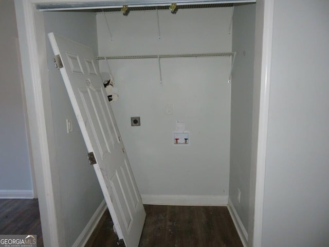 laundry area featuring baseboards, washer hookup, laundry area, wood finished floors, and hookup for an electric dryer