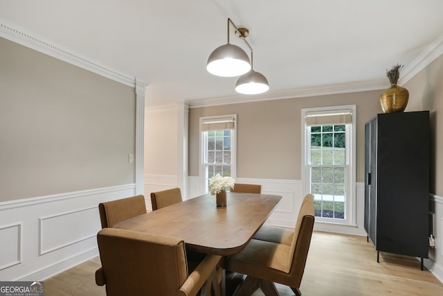 dining space featuring a wealth of natural light, a wainscoted wall, and crown molding