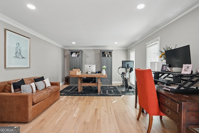 office with crown molding, baseboards, and wood finished floors