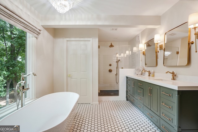 full bath featuring a sink, double vanity, a stall shower, and a freestanding bath