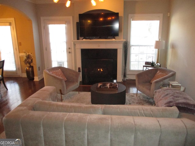 living area featuring a warm lit fireplace, baseboards, and wood finished floors