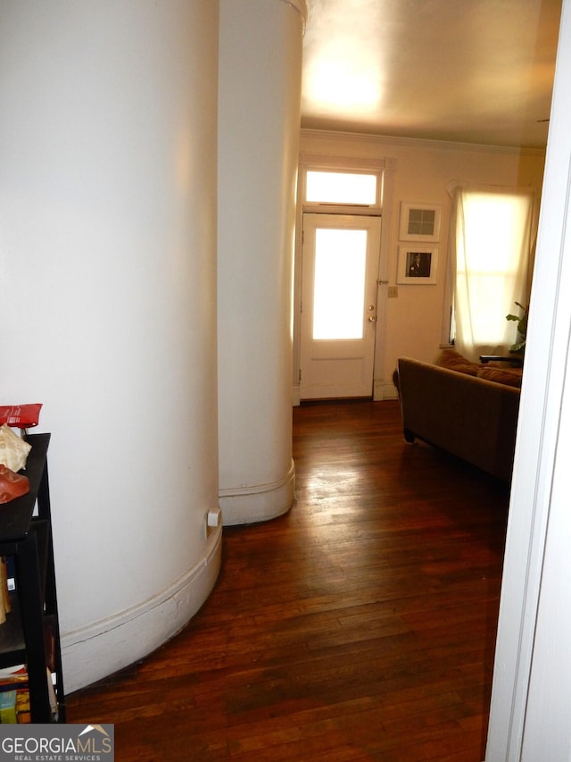 entryway with baseboards and wood finished floors