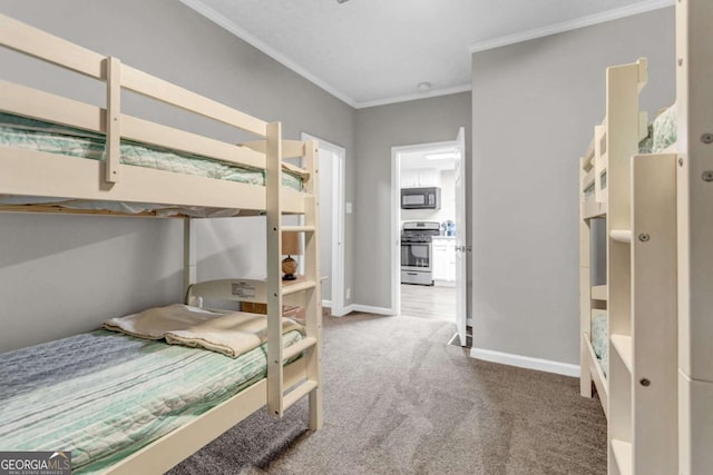 carpeted bedroom featuring baseboards and ornamental molding