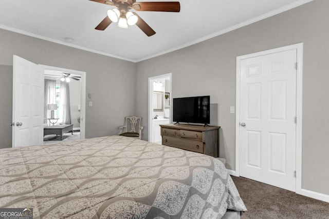 carpeted bedroom featuring baseboards, ensuite bath, ceiling fan, and crown molding