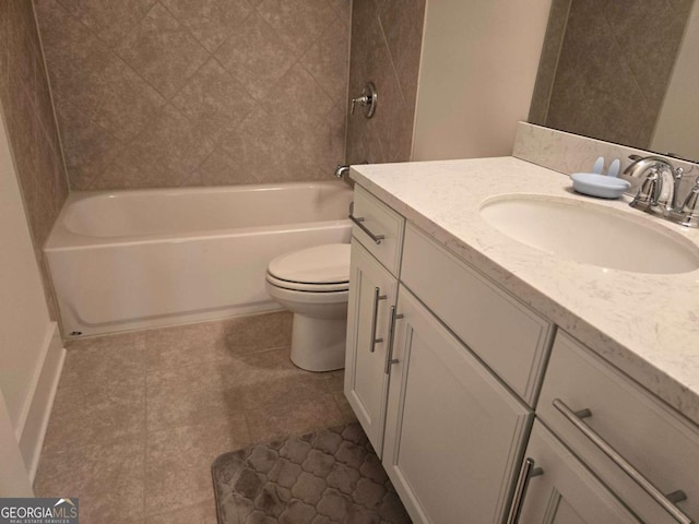 full bath with tile patterned floors, shower / bathtub combination, toilet, and vanity