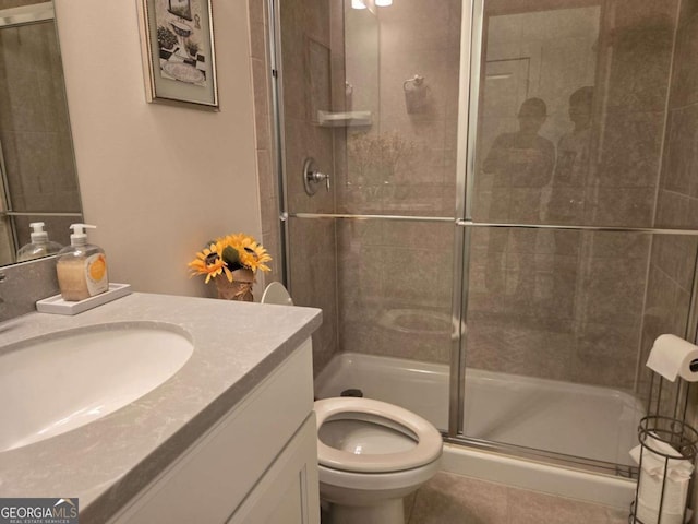 full bath featuring a shower stall, toilet, and vanity