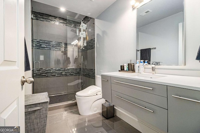 bathroom with visible vents, toilet, a stall shower, and vanity