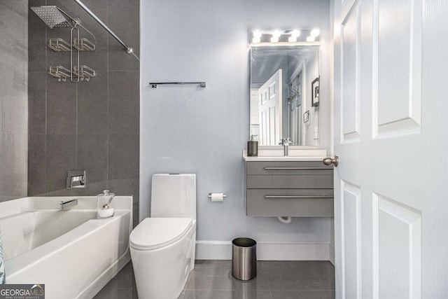 bathroom featuring a tub, walk in shower, toilet, tile patterned floors, and vanity