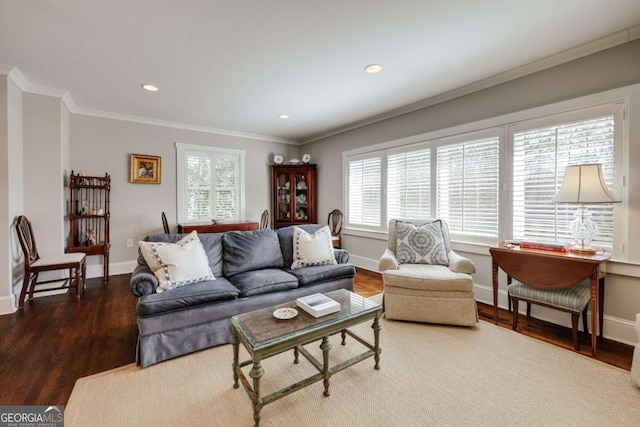 living room featuring wood finished floors, baseboards, a wealth of natural light, and ornamental molding