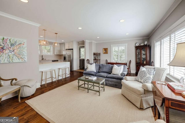 living room with dark wood finished floors, plenty of natural light, and ornamental molding