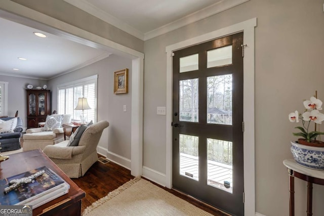 foyer featuring baseboards, visible vents, recessed lighting, dark wood-type flooring, and crown molding