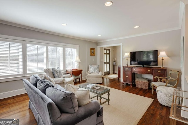 living area featuring a wealth of natural light, baseboards, dark wood-style floors, and crown molding