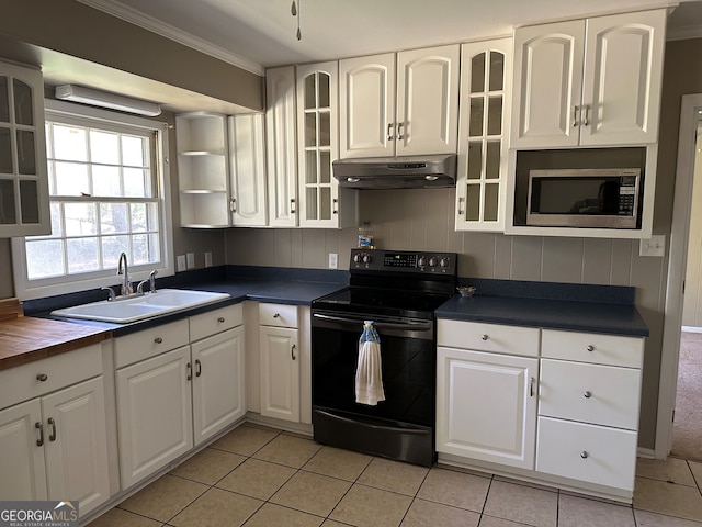 kitchen with under cabinet range hood, stainless steel microwave, a sink, black / electric stove, and crown molding