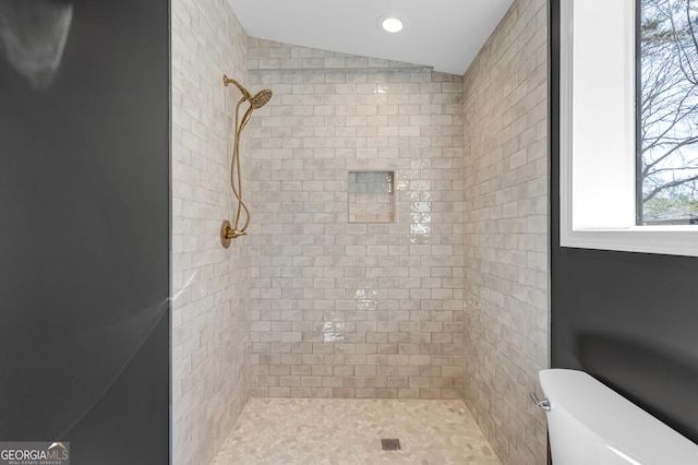 full bath with vaulted ceiling, toilet, and a stall shower