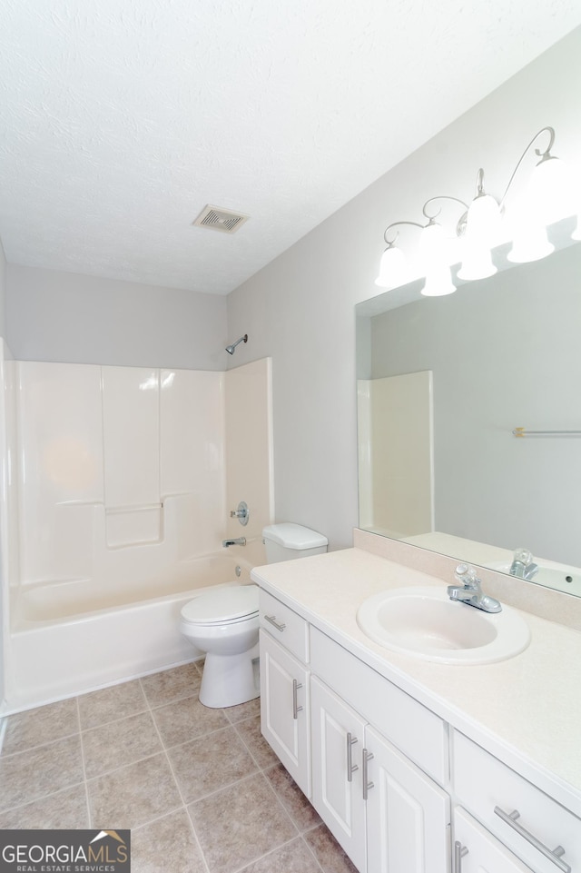 full bathroom featuring visible vents, toilet, tile patterned flooring, bathtub / shower combination, and vanity