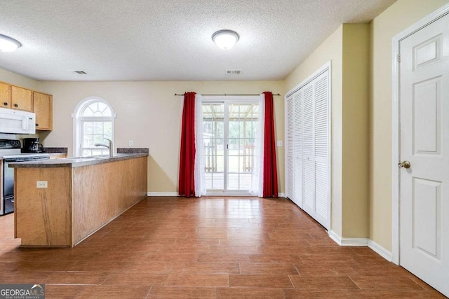 kitchen with white microwave, range with electric stovetop, a peninsula, and wood finished floors