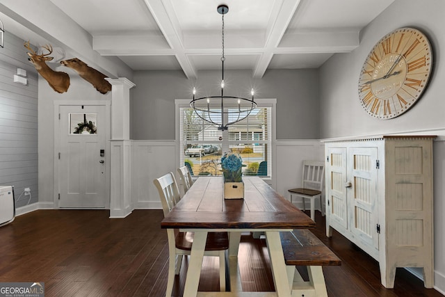 dining area with a wainscoted wall, coffered ceiling, dark wood finished floors, beamed ceiling, and a notable chandelier