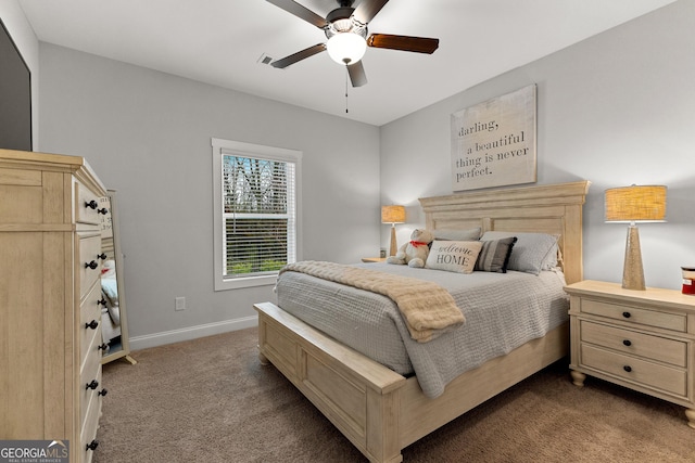 bedroom featuring baseboards, ceiling fan, and dark carpet