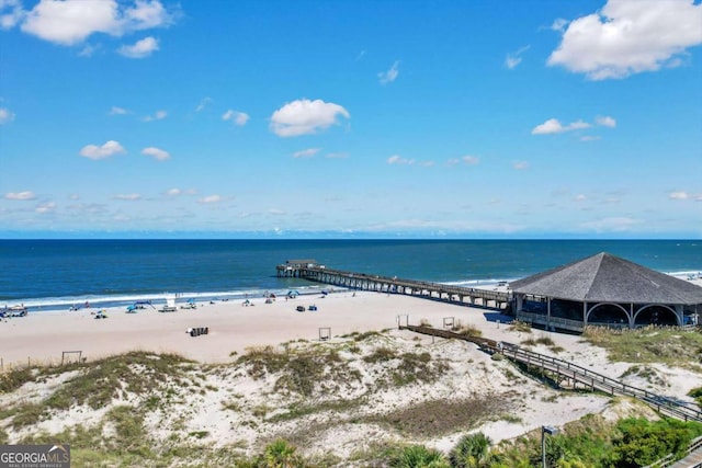 view of water feature with a beach view