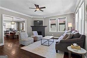 living room with ceiling fan with notable chandelier, wood finished floors, and ornamental molding