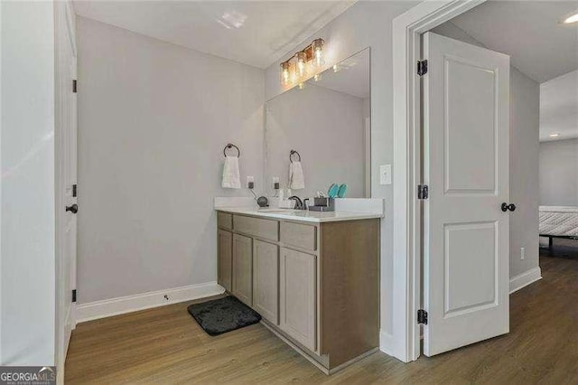 bathroom with vanity, baseboards, and wood finished floors