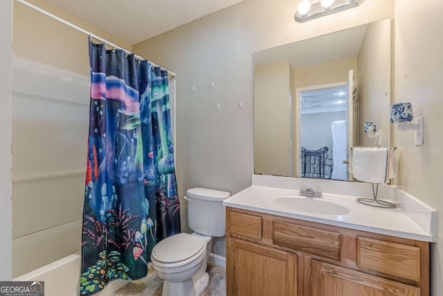 bathroom with toilet, shower / bath combo, a textured ceiling, tile patterned flooring, and vanity