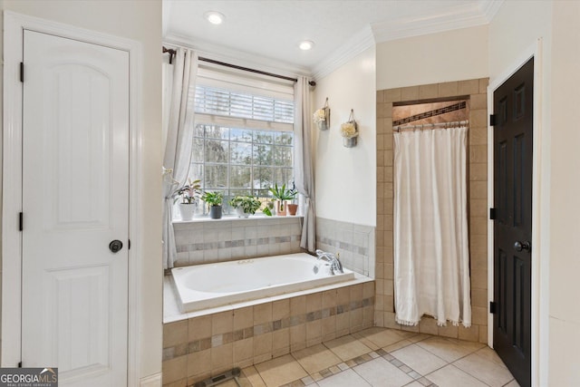 bathroom with a garden tub, recessed lighting, crown molding, tile patterned flooring, and tiled shower