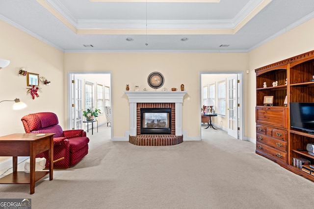 living room featuring a tray ceiling, plenty of natural light, and ornamental molding