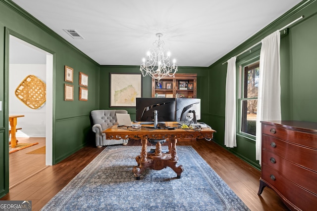 office space featuring dark wood-style floors, visible vents, and ornamental molding