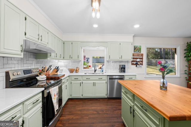 kitchen with a sink, butcher block countertops, under cabinet range hood, appliances with stainless steel finishes, and green cabinets