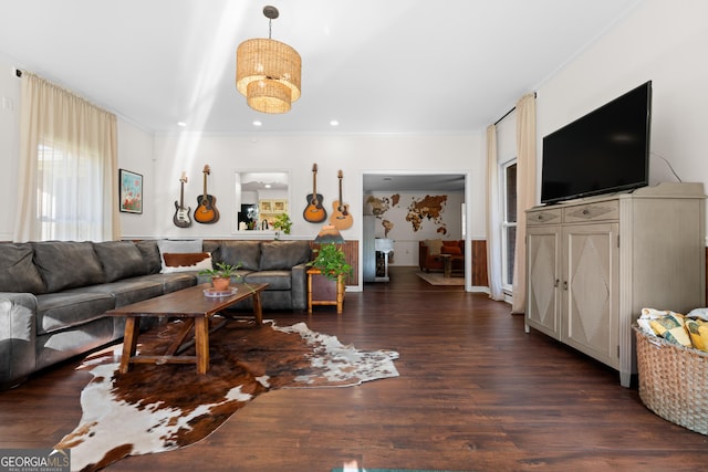 living room with recessed lighting, ornamental molding, and dark wood-style flooring