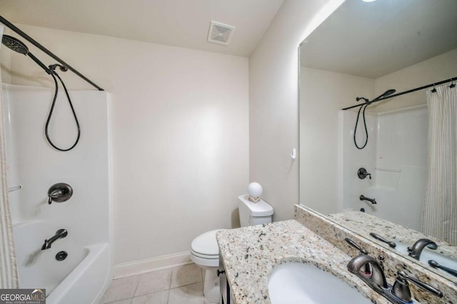 bathroom featuring shower / bathtub combination with curtain, visible vents, baseboards, tile patterned flooring, and toilet