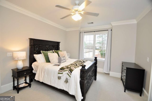 bedroom featuring a ceiling fan, baseboards, visible vents, light carpet, and crown molding