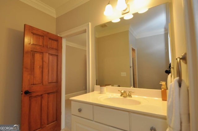 full bathroom featuring vanity, a chandelier, and crown molding