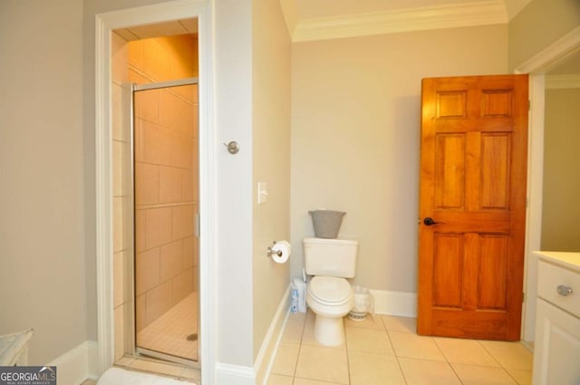 1070 Lexington Ct, Bishop, GA 30621 - bathroom with a stall shower, ornamental molding, tile patterned floors, and vanity