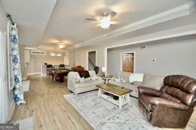 1070 Lexington Ct, Bishop, GA 30621 - living room featuring billiards, wood finished floors, a ceiling fan, crown molding, and stairs
