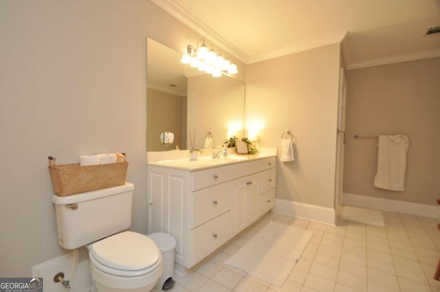 bathroom with vanity, toilet, baseboards, and ornamental molding